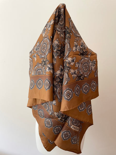 VINTAGE JAEGER TAN BROWN 100% SILK PAISLEY PRINT LARGE SILK SCARF