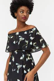 BRAND NEW COAST BLACK FLORAL PRINT CURVE SOFT BARDOT DRESS SIZE 20 Whispers Dress Agency