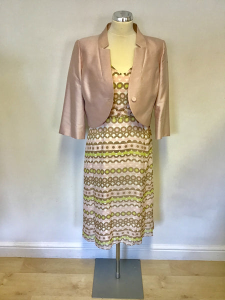 HOBBS INVITATION PINK WHITE LIME BROWN SILK PRINT DRESS PINK JACKET SIZE 12