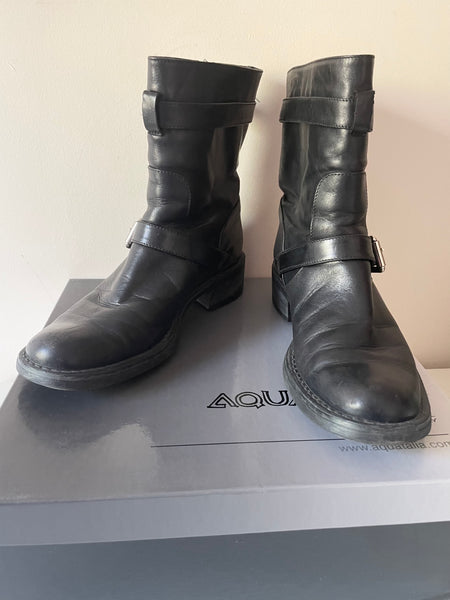 AQUATALIA BY MARVIN K SWEET DRY BLACK LEATHER BIKER BOOTS SIZE 4