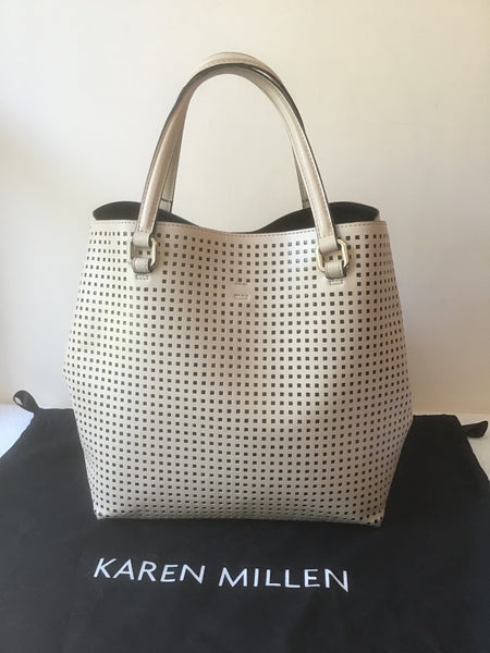 KAREN MILLEN CREAM BLACK LINED HOLE PUNCHED LEATHER TOTE HAND BAG Whispers Dress Agency