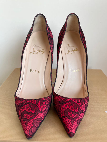 CHRISTIAN LOUBOUTIN RED SATIN BLACK LACE HEELS SIZE 4.5 37.5 Whispers Dress Agency