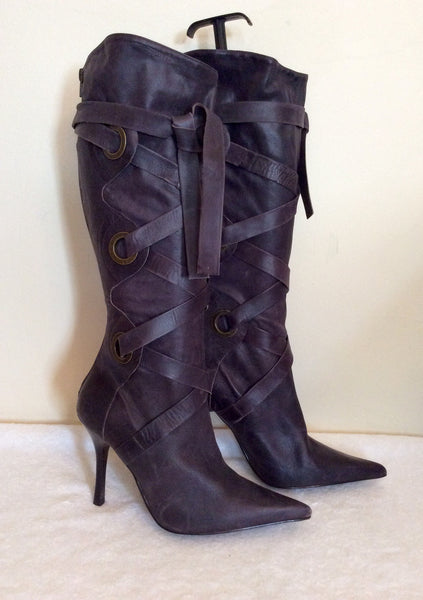 New Faith Damson Leather Lace Up Strap Boots Size 7 40