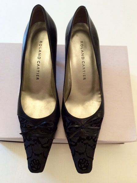 ROLAND CARTIER BLACK LEATHER LACE TRIM HEELS SIZE 6 39 Whispers