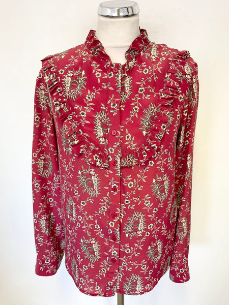 THE KOOPLES RED & CREAM FLORAL PRINT 100% SILK LONG SLEEVED BLOUSE SIZE S