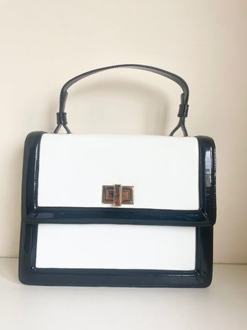 LK BENNETT WHITE & BLACK TRIM PATENT LEATHER TOP HANDLE BAG