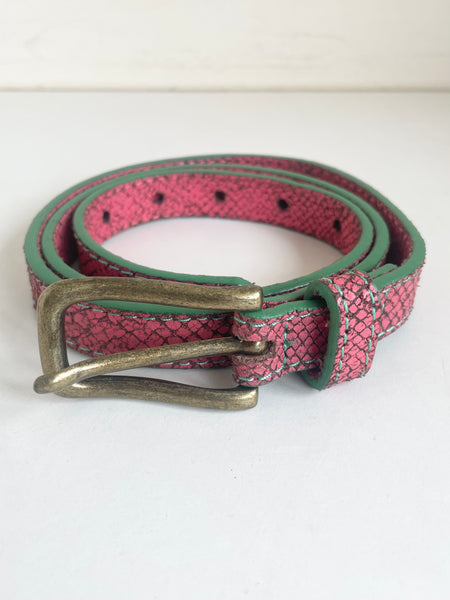 LIEBESKIND BERLIN CORAL & GREEN TRIM LEATHER SNAKESKIN BUCKLE BELT SIZE M / 85CMS