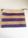 BRAND NEW PAUL SMITH NATURAL & PURPLE STRIPE STRAW ZIP TOP WALLET /CLUTCH BAG