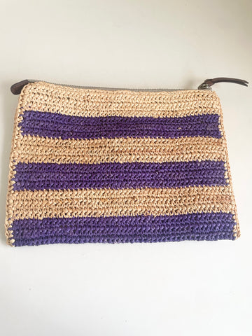 BRAND NEW PAUL SMITH NATURAL & PURPLE STRIPE STRAW ZIP TOP WALLET /CLUTCH BAG