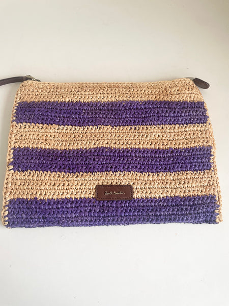 BRAND NEW PAUL SMITH NATURAL & PURPLE STRIPE STRAW ZIP TOP WALLET /CLUTCH BAG