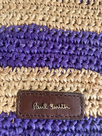 BRAND NEW PAUL SMITH NATURAL & PURPLE STRIPE STRAW ZIP TOP WALLET /CLUTCH BAG