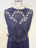 PHASE EIGHT NAVY BLUE LACE BODICE BELTED KNIFE PLEATED MIDI DRESS SIZE 12