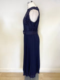 PHASE EIGHT NAVY BLUE LACE BODICE BELTED KNIFE PLEATED MIDI DRESS SIZE 12