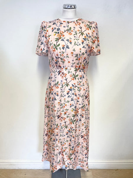 LK BENNETT BOYD 100% SILK PINK FLORAL SHORT SLEEVE EMPIRE LINE MIDI DRESS SIZE 10