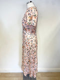 LK BENNETT BOYD 100% SILK PINK FLORAL SHORT SLEEVE EMPIRE LINE MIDI DRESS SIZE 10