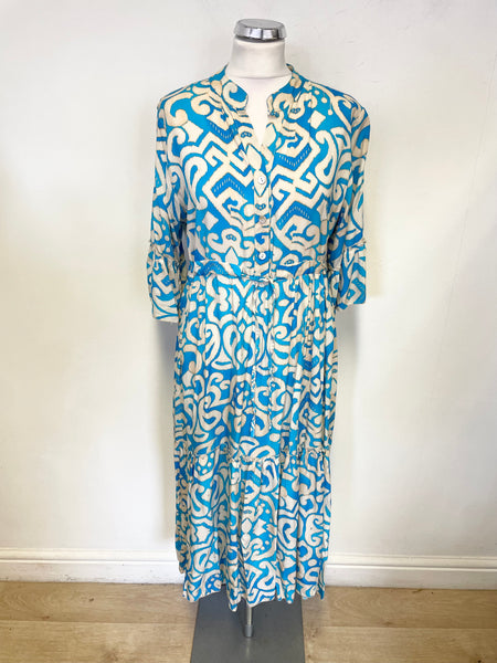 MADE IN ITALY TURQUOISE & IVORY PRINT 3/4 SLEEVE MIDI DRESS ONE SIZE