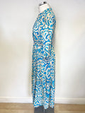 MADE IN ITALY TURQUOISE & IVORY PRINT 3/4 SLEEVE MIDI DRESS ONE SIZE