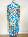 MADE IN ITALY TURQUOISE & IVORY PRINT 3/4 SLEEVE MIDI DRESS ONE SIZE