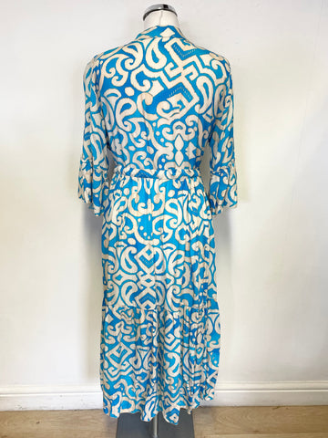 MADE IN ITALY TURQUOISE & IVORY PRINT 3/4 SLEEVE MIDI DRESS ONE SIZE