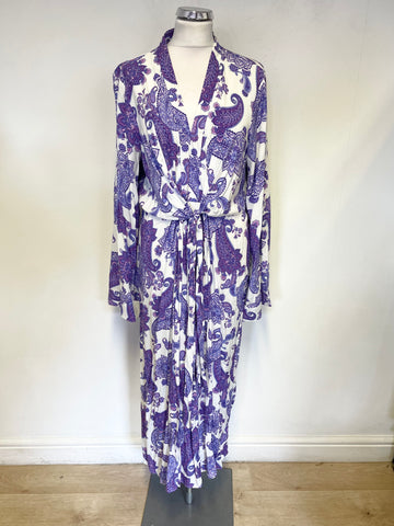 RIVER ISLAND PURPLE & WHITE PAISLEY PRINT LONG SLEEVED TIE FRONT MIDI DRESS SIZE 16