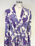 RIVER ISLAND PURPLE & WHITE PAISLEY PRINT LONG SLEEVED TIE FRONT MIDI DRESS SIZE 16