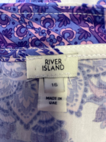 RIVER ISLAND PURPLE & WHITE PAISLEY PRINT LONG SLEEVED TIE FRONT MIDI DRESS SIZE 16