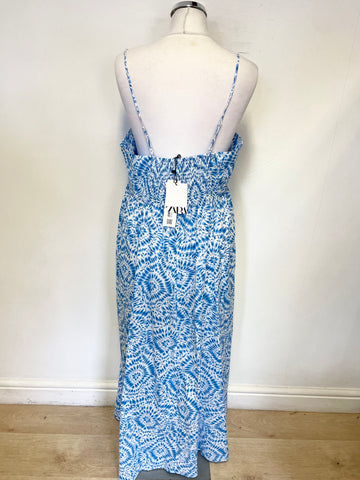 BRAND NEW ZARA 100% COTTON BLUE & WHITE PRINT SHOE STRING STRAP MAXI DRESS SIZE XL