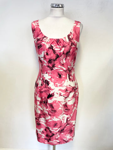 LK BENNETT PINK FLORAL PRINT SILK & WOOL BLEND SLEEVELESS PENCIL DRESS SIZE 10