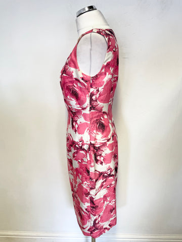 LK BENNETT PINK FLORAL PRINT SILK & WOOL BLEND SLEEVELESS PENCIL DRESS SIZE 10