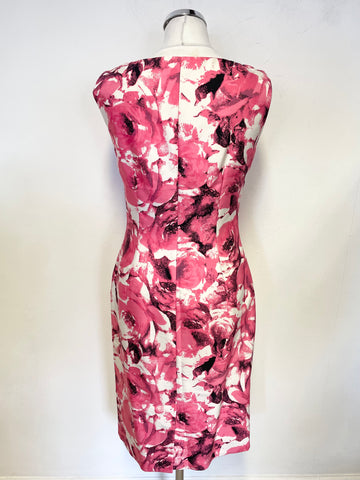 LK BENNETT PINK FLORAL PRINT SILK & WOOL BLEND SLEEVELESS PENCIL DRESS SIZE 10