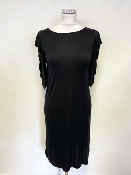 JAEGER BLACK 100% SILK SHORT PLEATED DRAPE SLEEVE SHIFT DRESS SIZE M