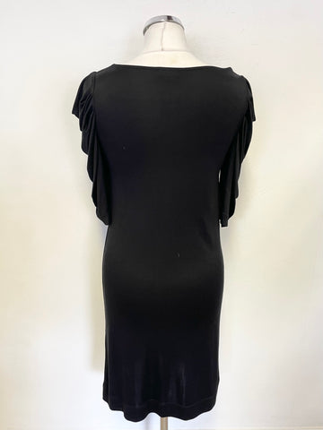 JAEGER BLACK 100% SILK SHORT PLEATED DRAPE SLEEVE SHIFT DRESS SIZE XS