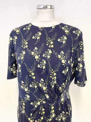 HOBBS SILK NAVY BLUE & LIME FLORAL PRINT SHORT SLEEVED OCCASION DRESS SIZE 14