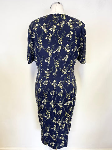 HOBBS SILK NAVY BLUE & LIME FLORAL PRINT SHORT SLEEVED OCCASION DRESS SIZE 14