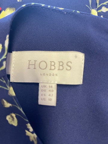 HOBBS SILK NAVY BLUE & LIME FLORAL PRINT SHORT SLEEVED OCCASION DRESS SIZE 14