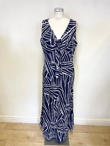 PRÉCIS 100% LINEN BLUE & WHITE PRINT SLEEVELESS A-LINE MAXI DRESS SIZE 16