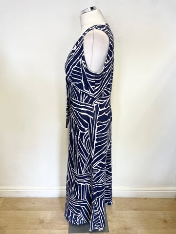 PRÉCIS 100% LINEN BLUE & WHITE PRINT SLEEVELESS A-LINE MAXI DRESS SIZE 16