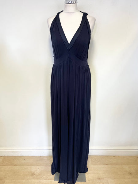 JIGSAW DARK BLUE SILK TRIM V NECK STRETCH JERSEY MAXI DRESS SIZE XL