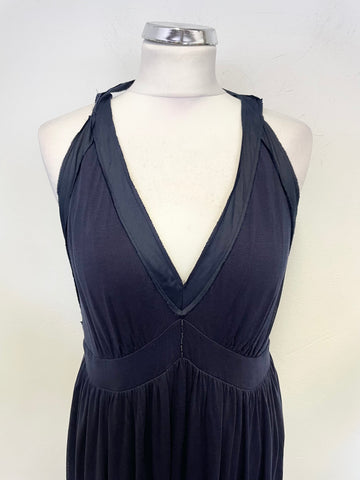 JIGSAW DARK BLUE SILK TRIM V NECK STRETCH JERSEY MAXI DRESS SIZE XL