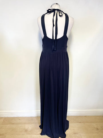 JIGSAW DARK BLUE SILK TRIM V NECK STRETCH JERSEY MAXI DRESS SIZE XL