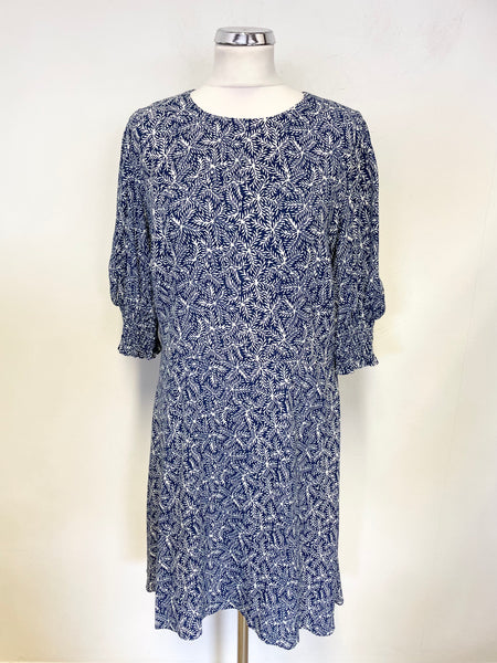 BRAND NEW WHISTLES NAVY BLUE & WHITE PRINT SHORT PUFF SLEEVE FIT & FLARE DRESS SIZE 16