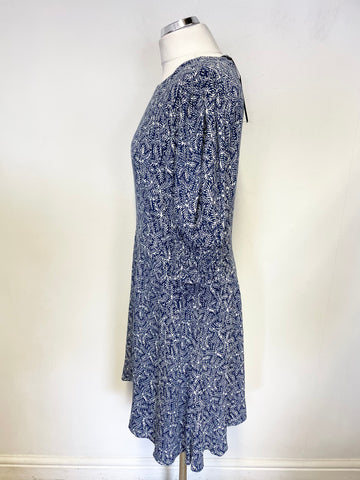 BRAND NEW WHISTLES NAVY BLUE & WHITE PRINT SHORT PUFF SLEEVE FIT & FLARE DRESS SIZE 16