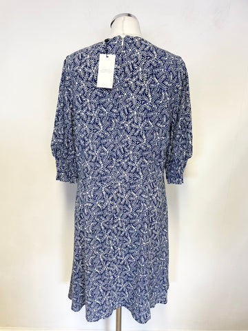 BRAND NEW WHISTLES NAVY BLUE & WHITE PRINT SHORT PUFF SLEEVE FIT & FLARE DRESS SIZE 16