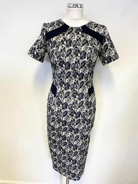 DIVA CATWALK NAVY BLUE & CREAM FLORAL PRINT SHORT SLEEVED BODYCON DRESS SIZE S APPROX UK 10