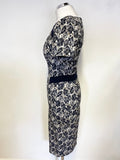 DIVA CATWALK NAVY BLUE & CREAM FLORAL PRINT SHORT SLEEVED BODYCON DRESS SIZE S APPROX UK 10