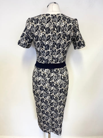 DIVA CATWALK NAVY BLUE & CREAM FLORAL PRINT SHORT SLEEVED BODYCON DRESS SIZE S APPROX UK 10