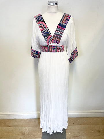 MOUTAKI WHITE EMBROIDERED TRIM BATWING SLEEVE MAXI/ BEACH DRESS ONE SIZE