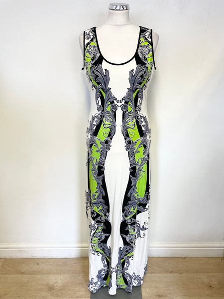 HALE BOB CABANA WHITE, BLACK & GREEN PRINT SLEEVELESS JERSEY MAXI DRESS SIZE M