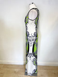 HALE BOB CABANA WHITE, BLACK & GREEN PRINT SLEEVELESS JERSEY MAXI DRESS SIZE M