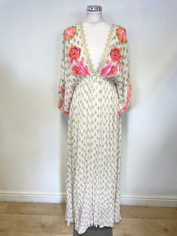 UNBRANDED CREAM & GOLD EMBROIDERED TRIM SHORT SLEEVE MAXI BEACH DRESS FREE SIZE